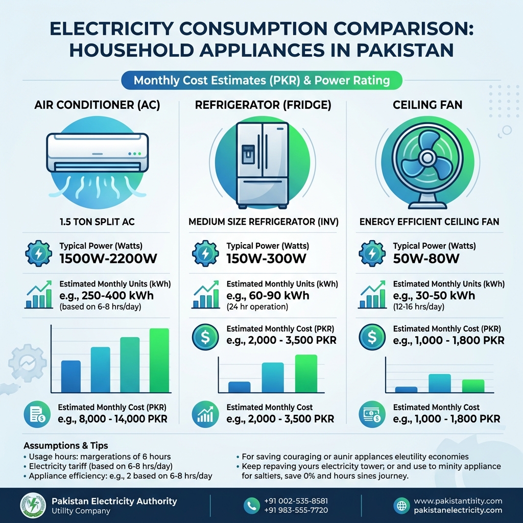 Graph comparing electricity consumption of AC, Fridge, and Fan